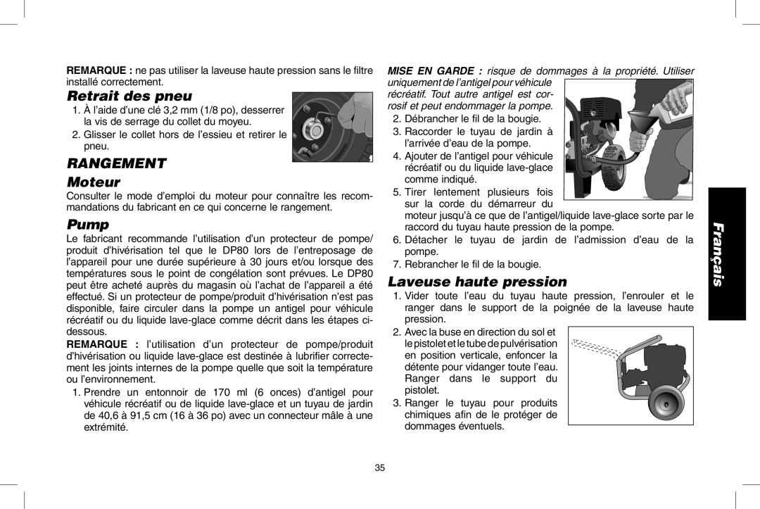 DeWalt A20832, GX390, DP3900 instruction manual Retrait des pneu, RANGEMENT Moteur, Laveuse haute pression, Pump, Français 
