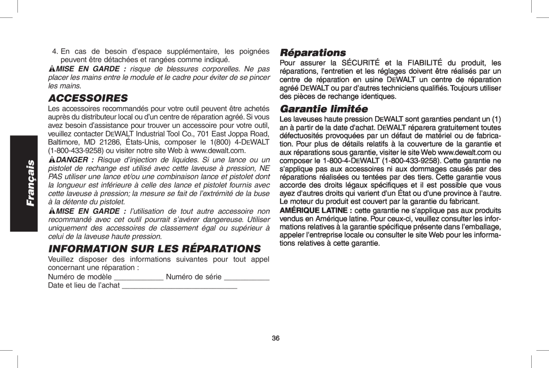 DeWalt GX390, DP3900, A20832 instruction manual Accessoires, Information Sur Les Réparations, Garantie limitée, Français 