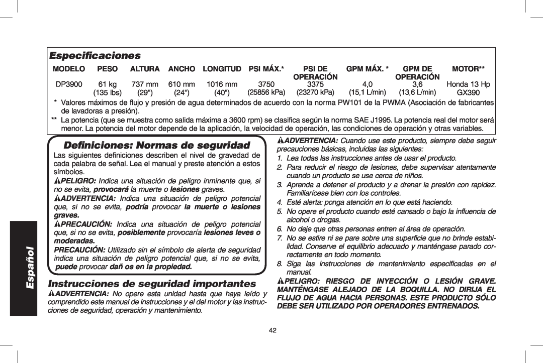 DeWalt GX390 Especiﬁcaciones, Deﬁniciones Normas de seguridad, Instrucciones de seguridad importantes, Modelo, Peso, Ancho 