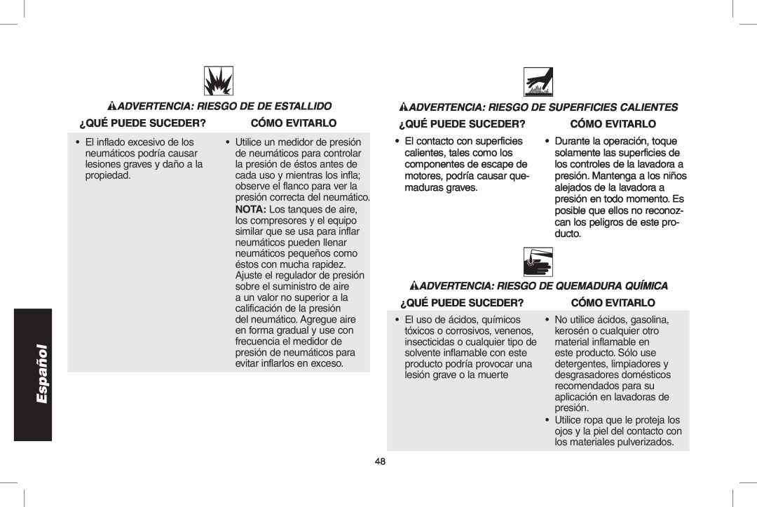 DeWalt GX390 Advertencia Riesgo De De Estallido, Advertencia Riesgo De Superficies Calientes, Español, ¿Qué Puede Suceder? 