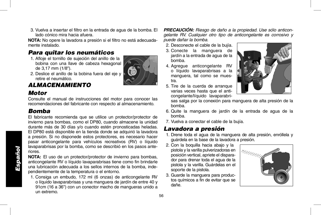 DeWalt A20832, GX390, DP3900 Para quitar los neumáticos, ALMACENAMIENTO Motor, Lavadora a presión, Español, Bomba 