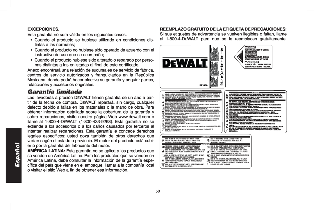 DeWalt DP3900, GX390, A20832 instruction manual Garantía limitada, Excepciones, Español 