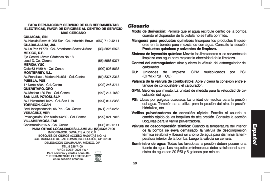 DeWalt A20832, GX390, DP3900 instruction manual Glosario, Español, Productos químicos y solventes de limpieza 