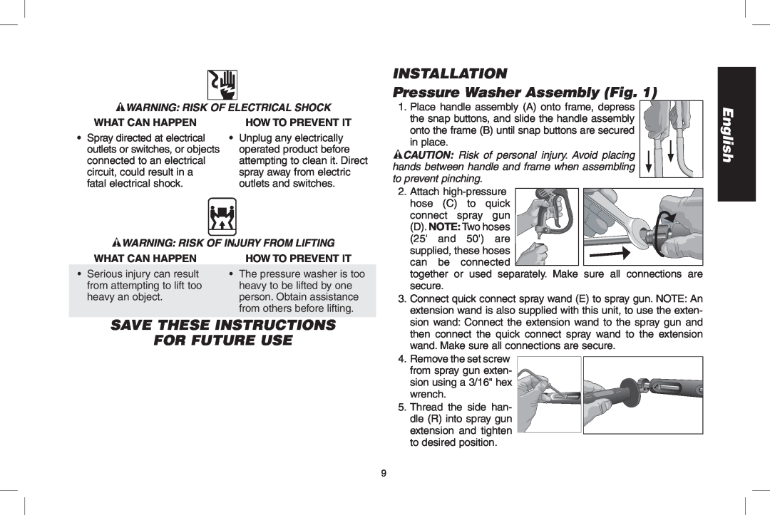 DeWalt GX390 INSTALLATION Pressure Washer Assembly Fig, Save These Instructions For Future Use, English, What Can Happen 