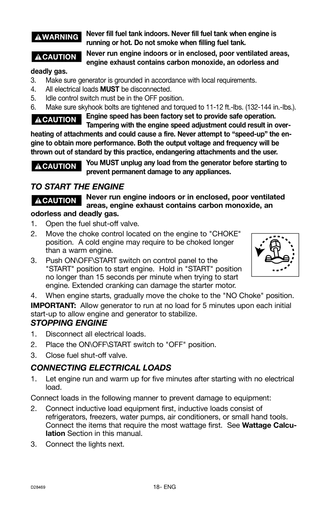 DeWalt H1000IS instruction manual To Start the Engine, Stopping Engine, Connecting Electrical Loads, Deadly gas 