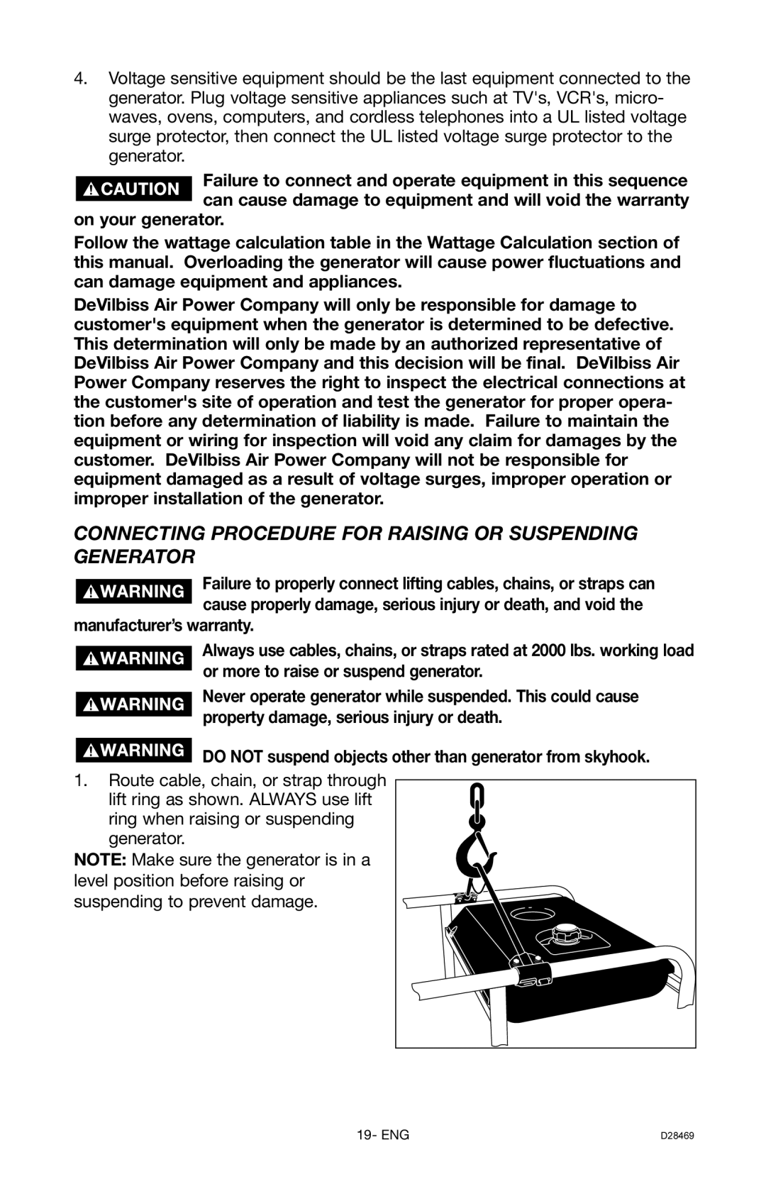 DeWalt H1000IS instruction manual Connecting Procedure for Raising or Suspending Generator 