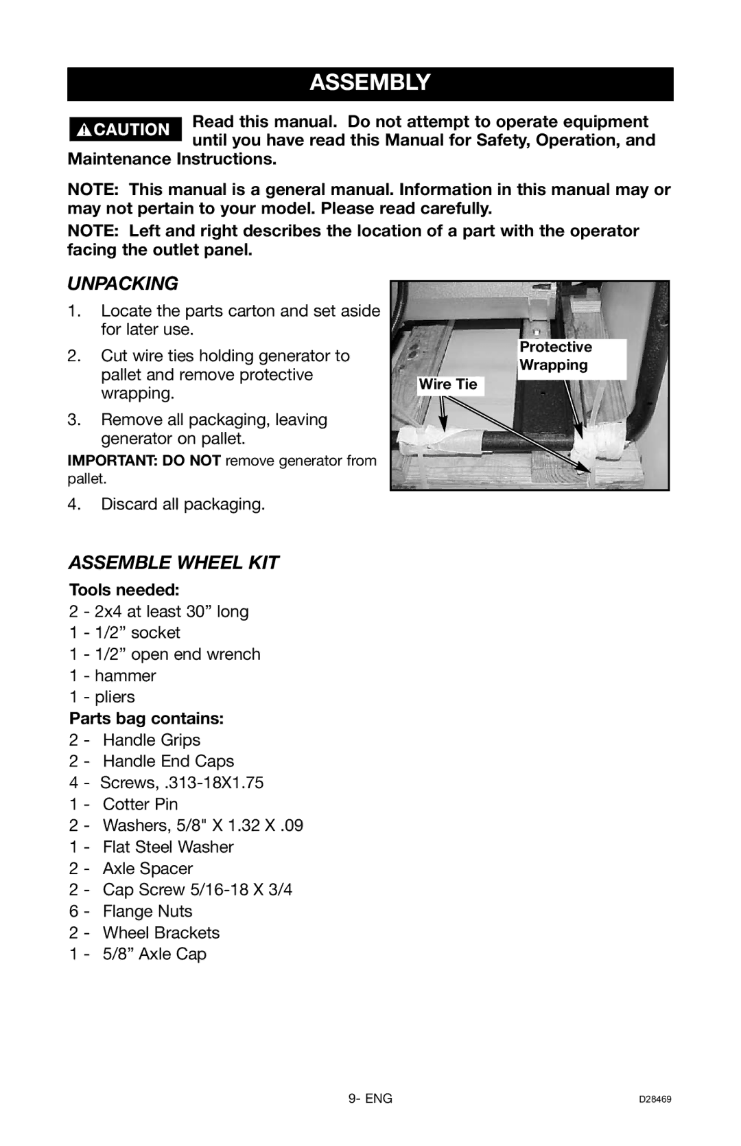 DeWalt H1000IS instruction manual Assembly, Unpacking, Assemble Wheel KIT, Tools needed, Parts bag contains 