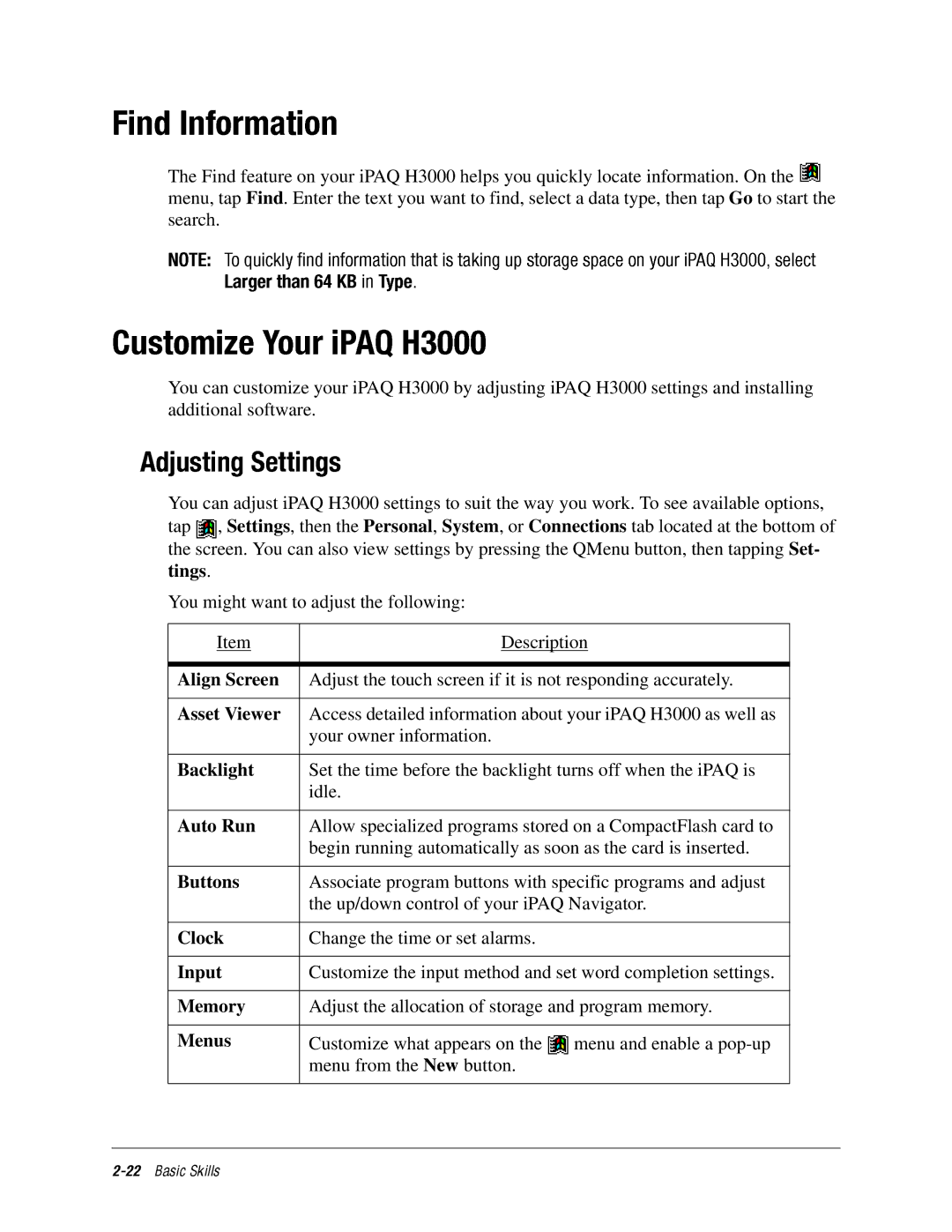 DeWalt IPAQ H3000 manual Align Screen, Asset Viewer, Backlight, Auto Run, Buttons, Clock, Input, Memory, Menus 