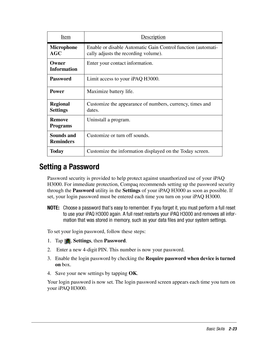 DeWalt IPAQ H3000 Microphone, Owner, Information Password, Power, Regional, Settings, Remove, Programs Sounds, Reminders 