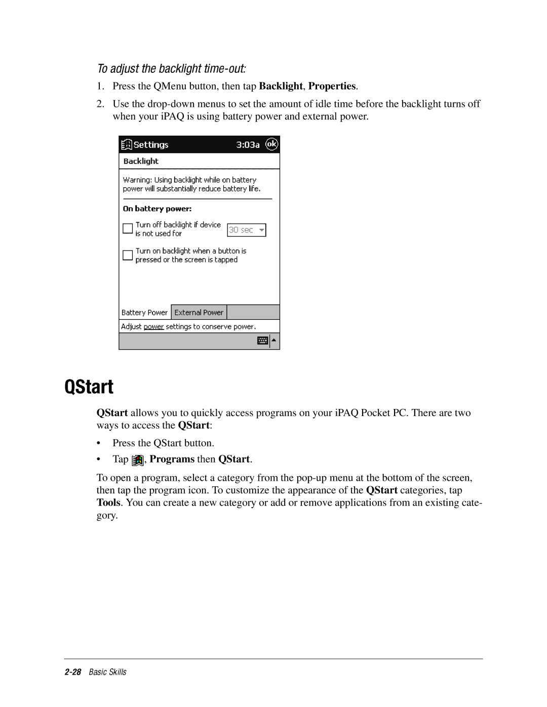 DeWalt IPAQ H3000 manual Toadjustthebacklighttime-out, Tap , Programs then QStart 