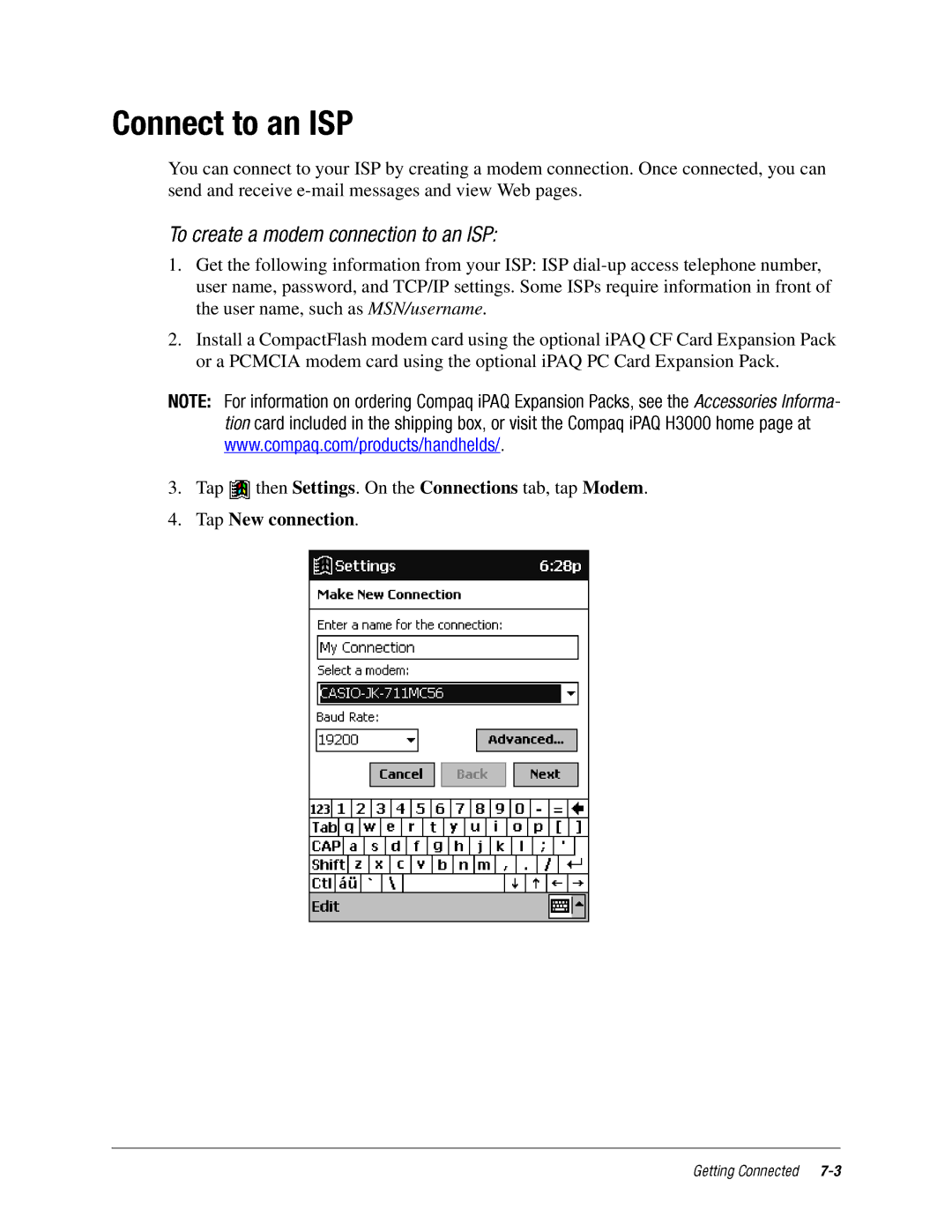 DeWalt IPAQ H3000 manual ConnecttoanISP, Tap New connection 