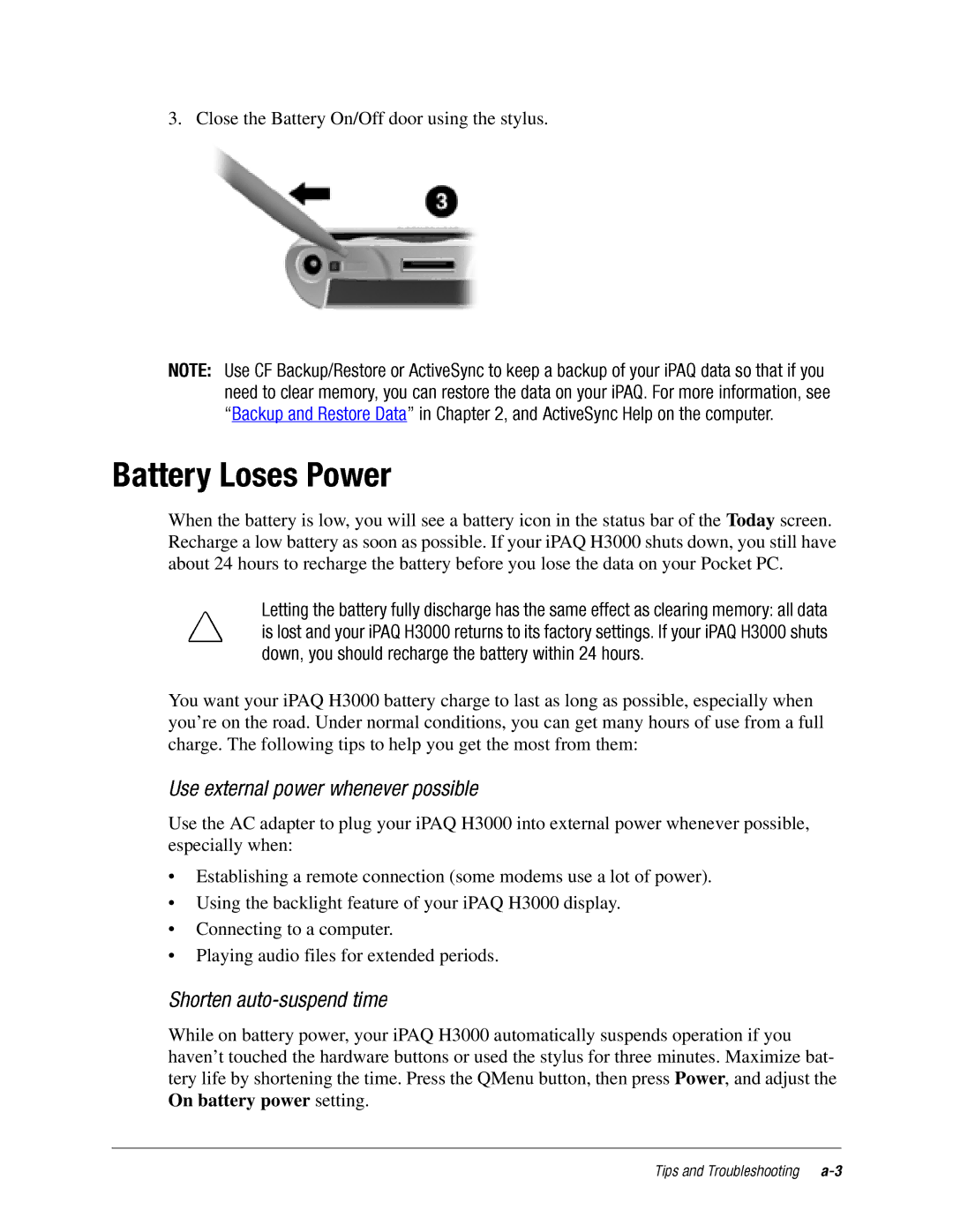 DeWalt IPAQ H3000 manual On battery power setting.TipsandTroubleshootinga-3 