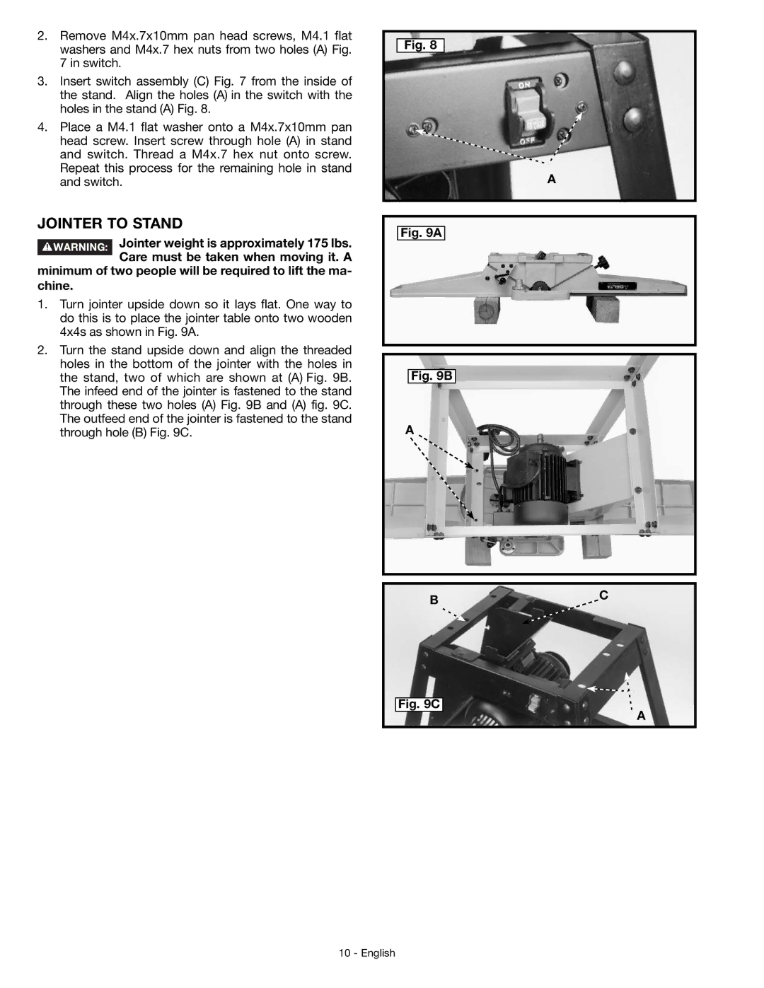 DeWalt JT360 instruction manual Jointer to Stand 