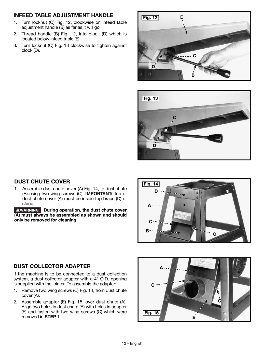 DeWalt JT360 instruction manual Infeed Table Adjustment Handle, Dust Chute Cover, Dust Collector Adapter 