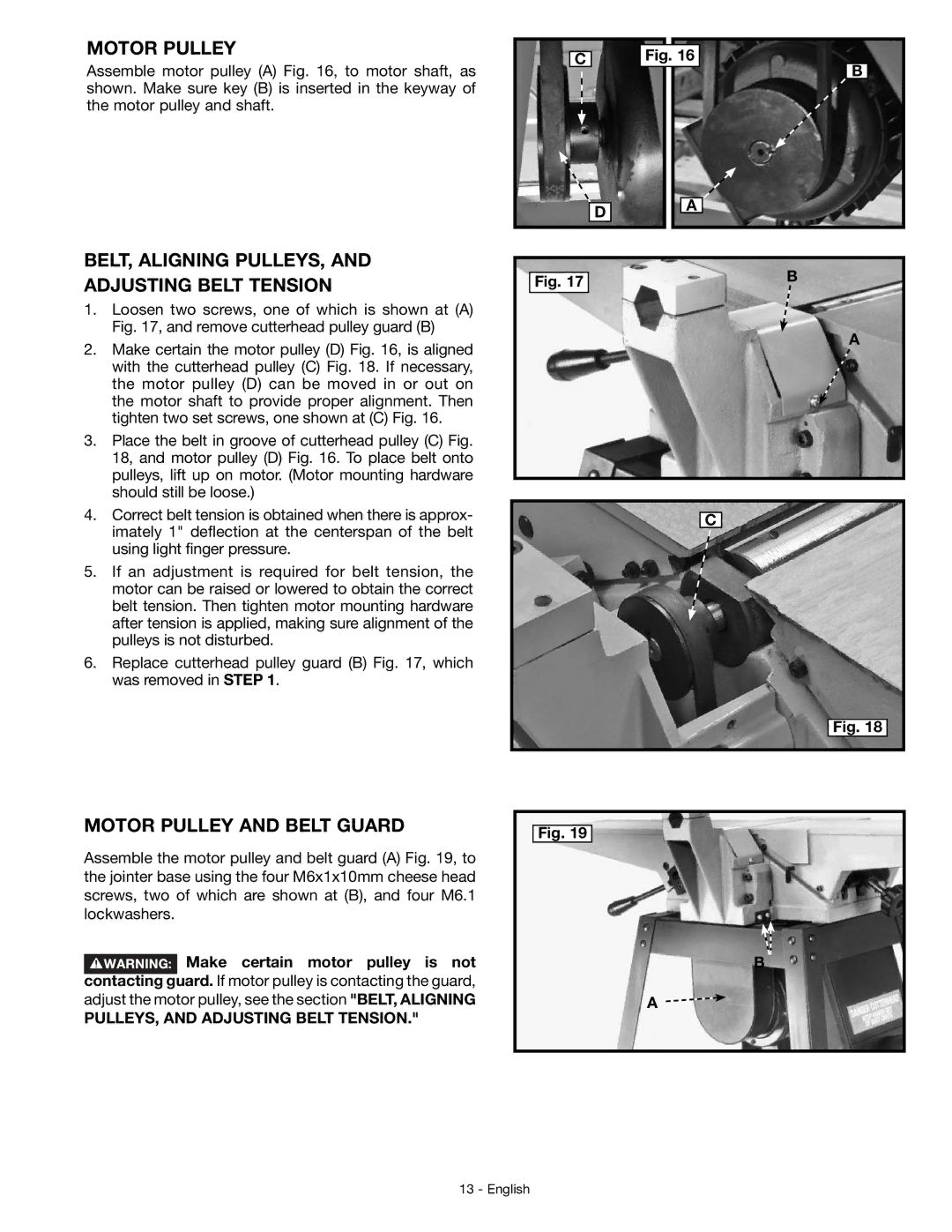 DeWalt JT360 instruction manual BELT, Aligning PULLEYS, Adjusting Belt Tension, Motor Pulley and Belt Guard 