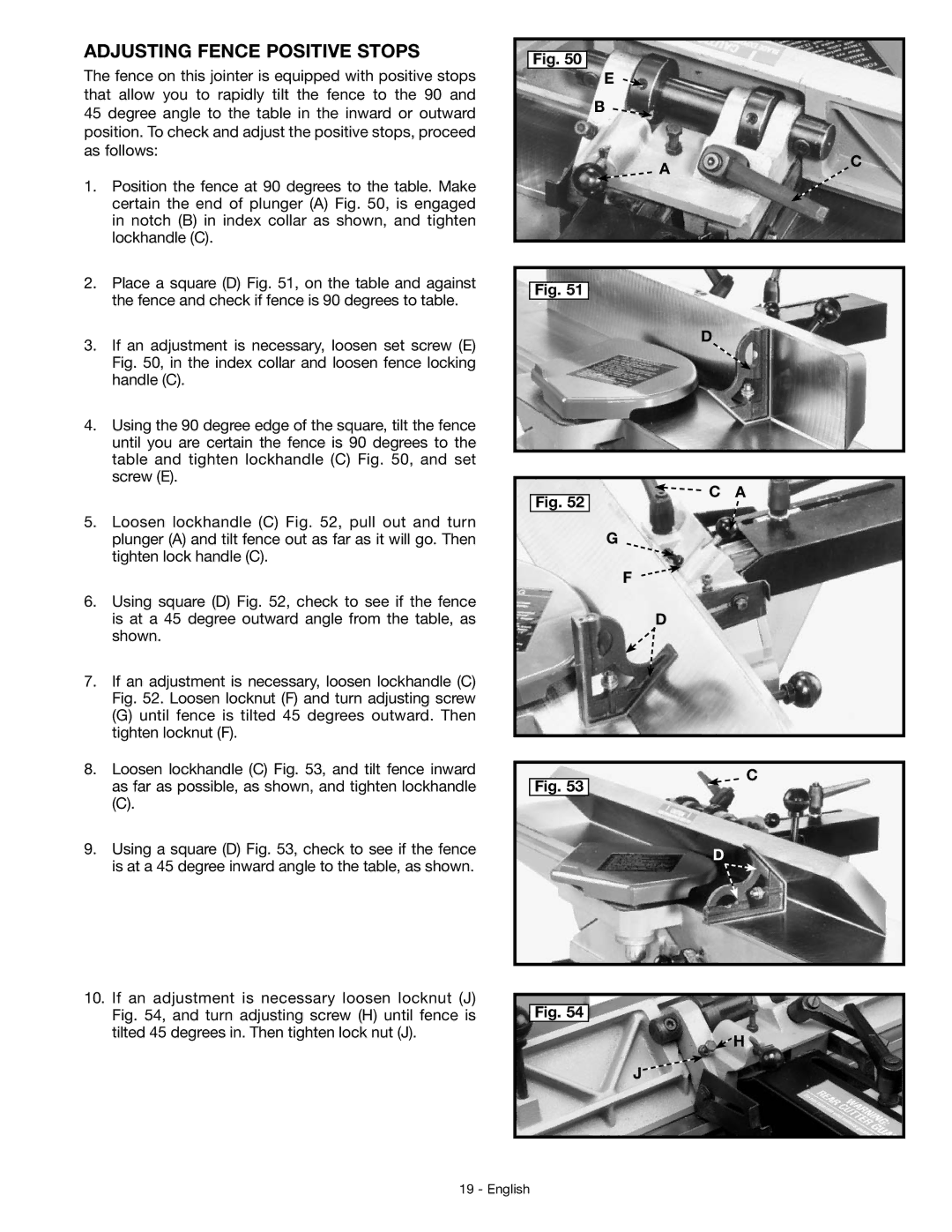 DeWalt JT360 instruction manual Adjusting Fence Positive Stops, Index collar and loosen fence locking 