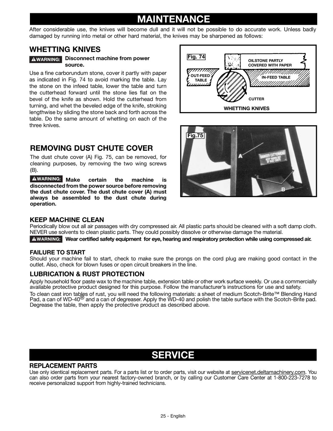 DeWalt JT360 instruction manual Maintenance, Service, Whetting Knives, Removing Dust Chute Cover 