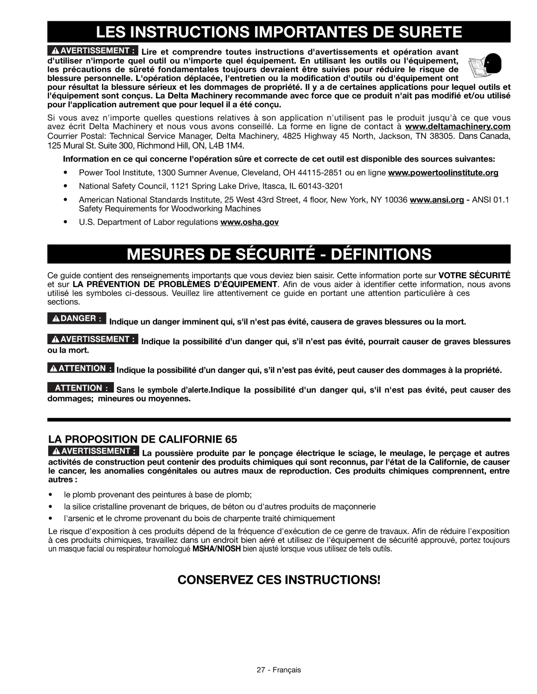 DeWalt JT360 LES Instructions Importantes DE Surete, Mesures DE Sécurité Définitions, Conservez CES Instructions 