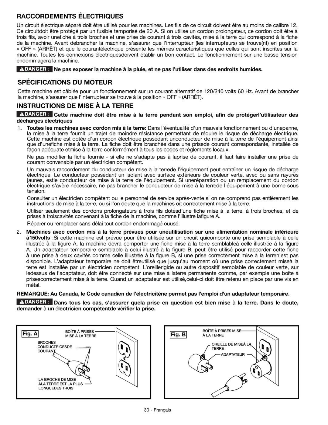 DeWalt JT360 instruction manual Raccordements Électriques, Spécifications DU Moteur, Instructions DE Mise À LA Terre 