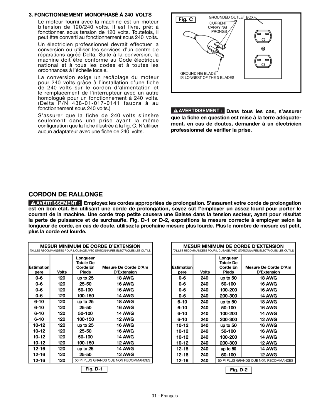 DeWalt JT360 instruction manual Cordon DE Rallonge, Fonctionnement Monophasé À 240 Volts 