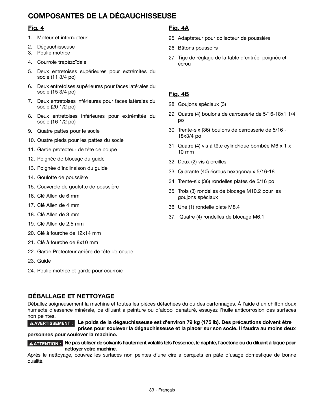 DeWalt JT360 instruction manual Composantes DE LA Dégauchisseuse, Déballage ET Nettoyage 