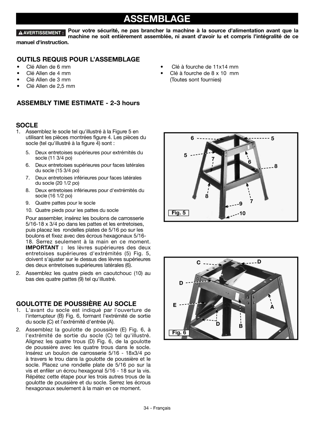 DeWalt JT360 instruction manual Assemblage, Outils Requis Pour L’ASSEMBLAGE, Goulotte DE Poussière AU Socle 