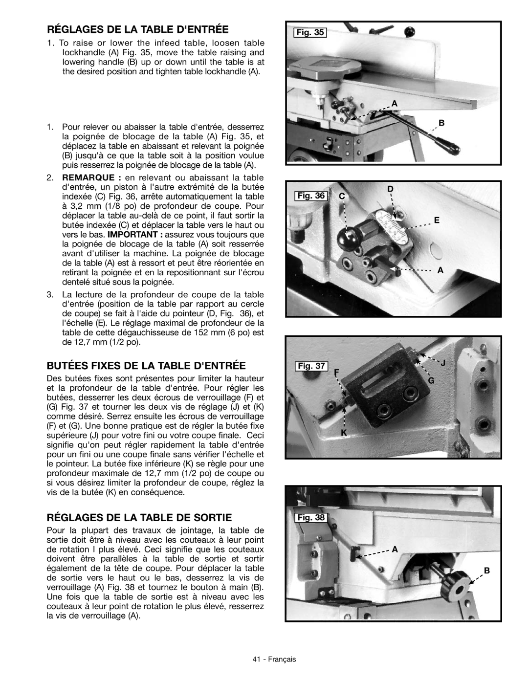 DeWalt JT360 Réglages DE LA Table Dentrée, Butées Fixes DE LA Table Dentrée, Réglages DE LA Table DE Sortie 