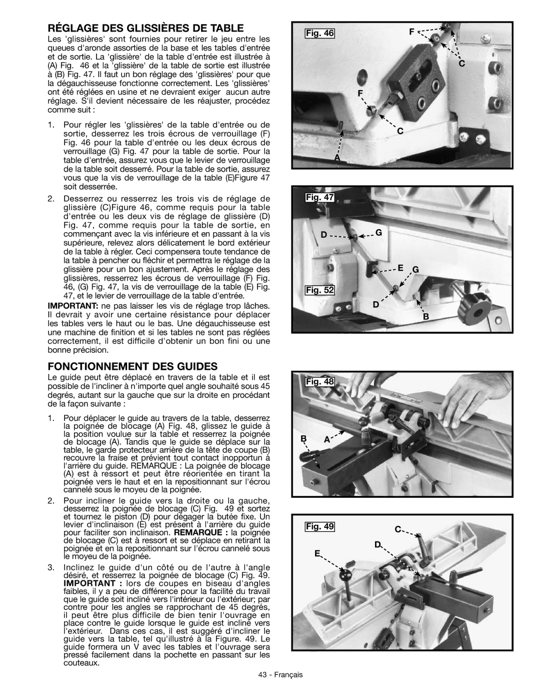 DeWalt JT360 instruction manual Réglage DES Glissières DE Table, Fonctionnement DES Guides 