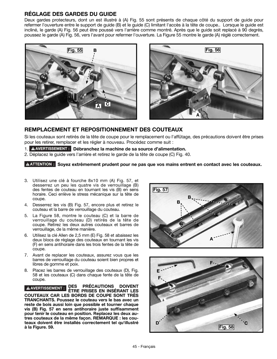 DeWalt JT360 Réglage DES Gardes DU Guide, Remplacement ET Repositionnement DES Couteaux, DES Précautions Doivent 