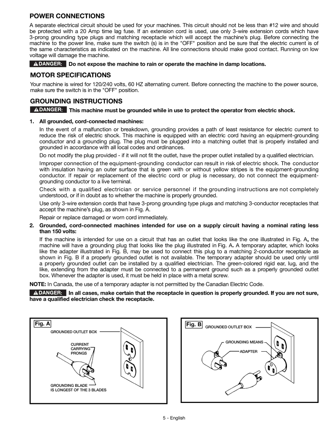 DeWalt JT360 instruction manual Power Connections, Motor Specifications, Grounding Instructions 