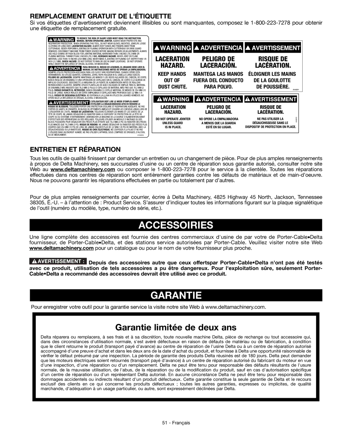 DeWalt JT360 instruction manual Accessoiries, Garantie, Remplacement Gratuit DE Létiquette, Entretien ET Réparation 