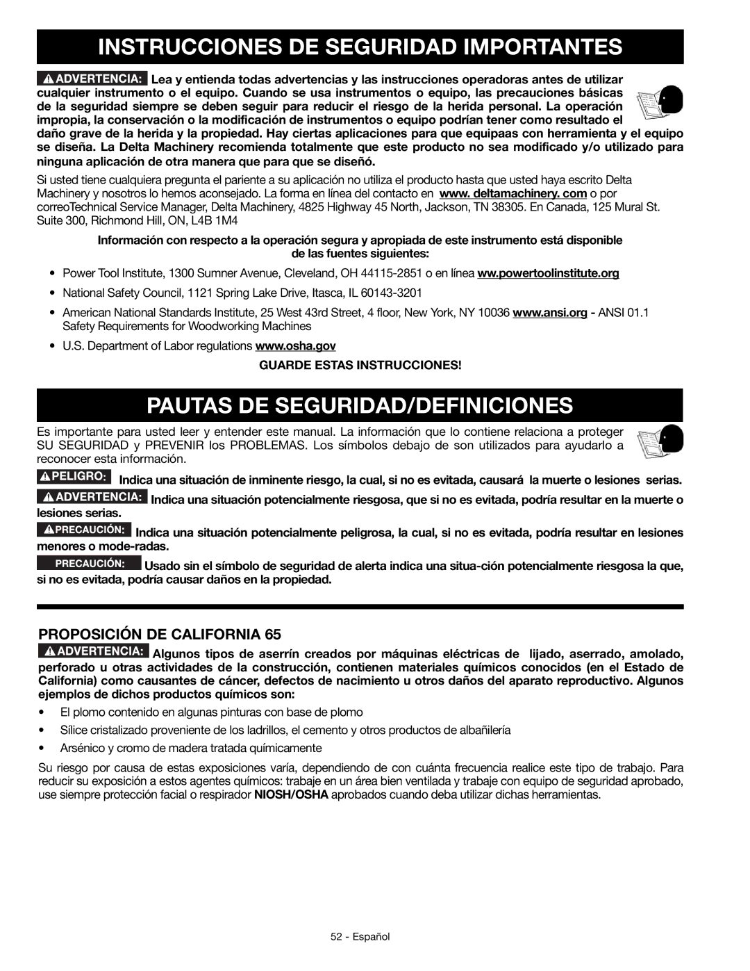 DeWalt JT360 Instrucciones DE Seguridad Importantes, Pautas DE SEGURIDAD/DEFINICIONES, Proposición DE California 