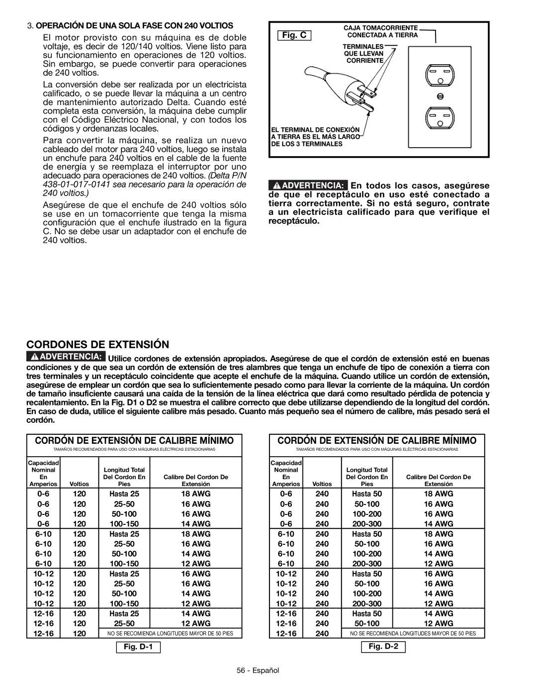 DeWalt JT360 instruction manual Cordones DE Extensión, Operación DE UNA Sola Fase CON 240 Voltios 