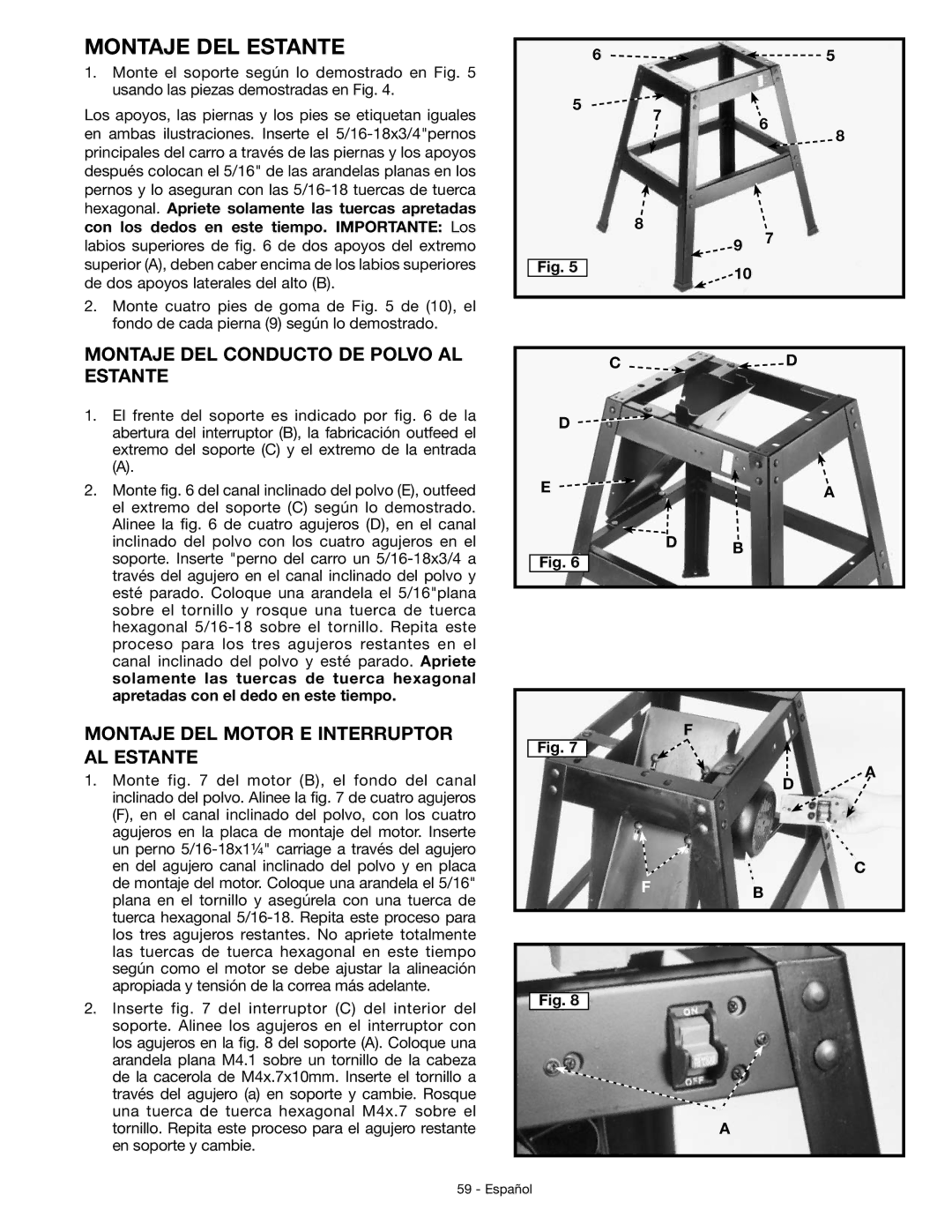 DeWalt JT360 Montaje DEL Estante, Montaje DEL Conducto DE Polvo AL Estante, Montaje DEL Motor E Interruptor AL Estante 