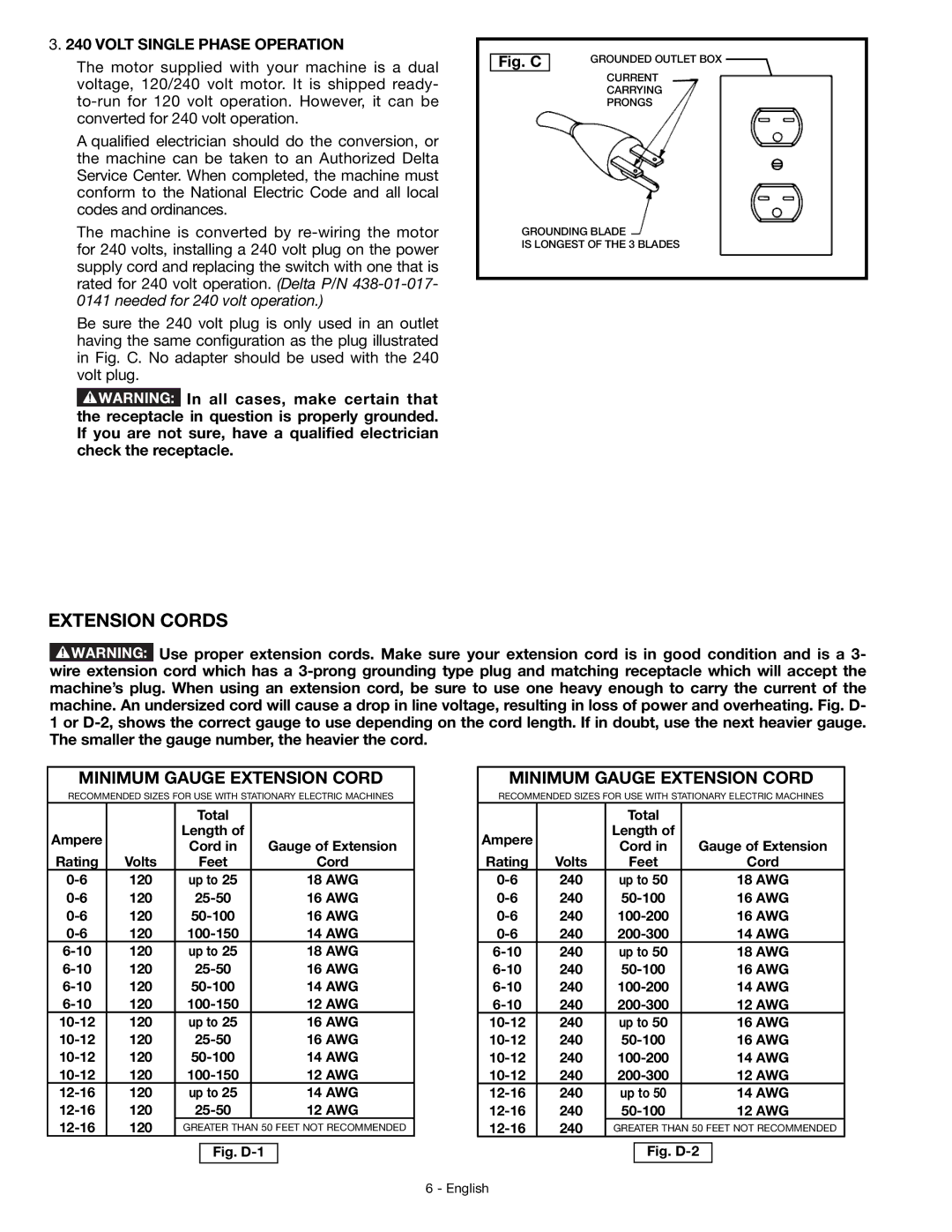 DeWalt JT360 instruction manual Extension Cords, Volt Single Phase Operation 