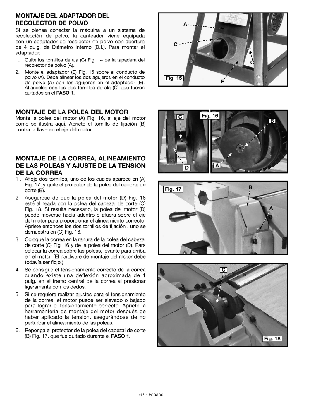 DeWalt JT360 instruction manual Montaje DEL Adaptador DEL Recolector DE Polvo, Montaje DE LA Polea DEL Motor 