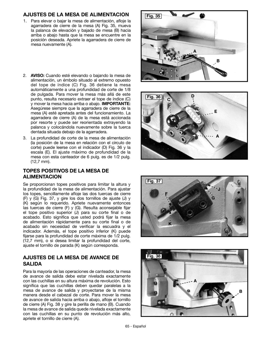 DeWalt JT360 instruction manual Ajustes DE LA Mesa DE Alimentacion, Topes Positivos DE LA Mesa DE Alimentacion 