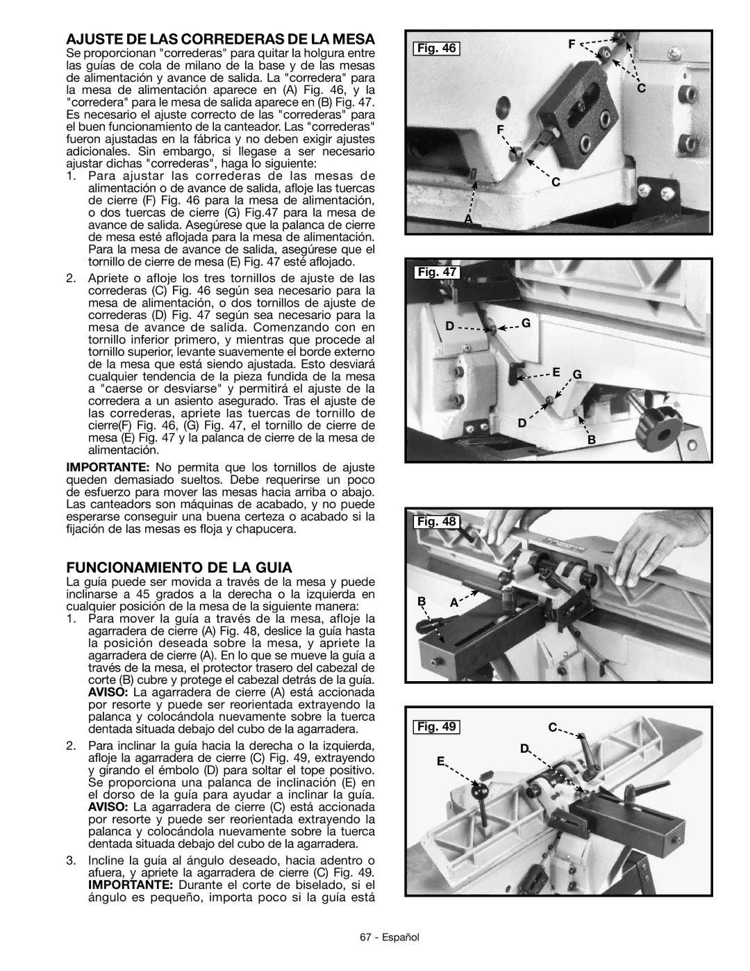 DeWalt JT360 instruction manual Ajuste DE LAS Correderas DE LA Mesa, Funcionamiento DE LA Guia 