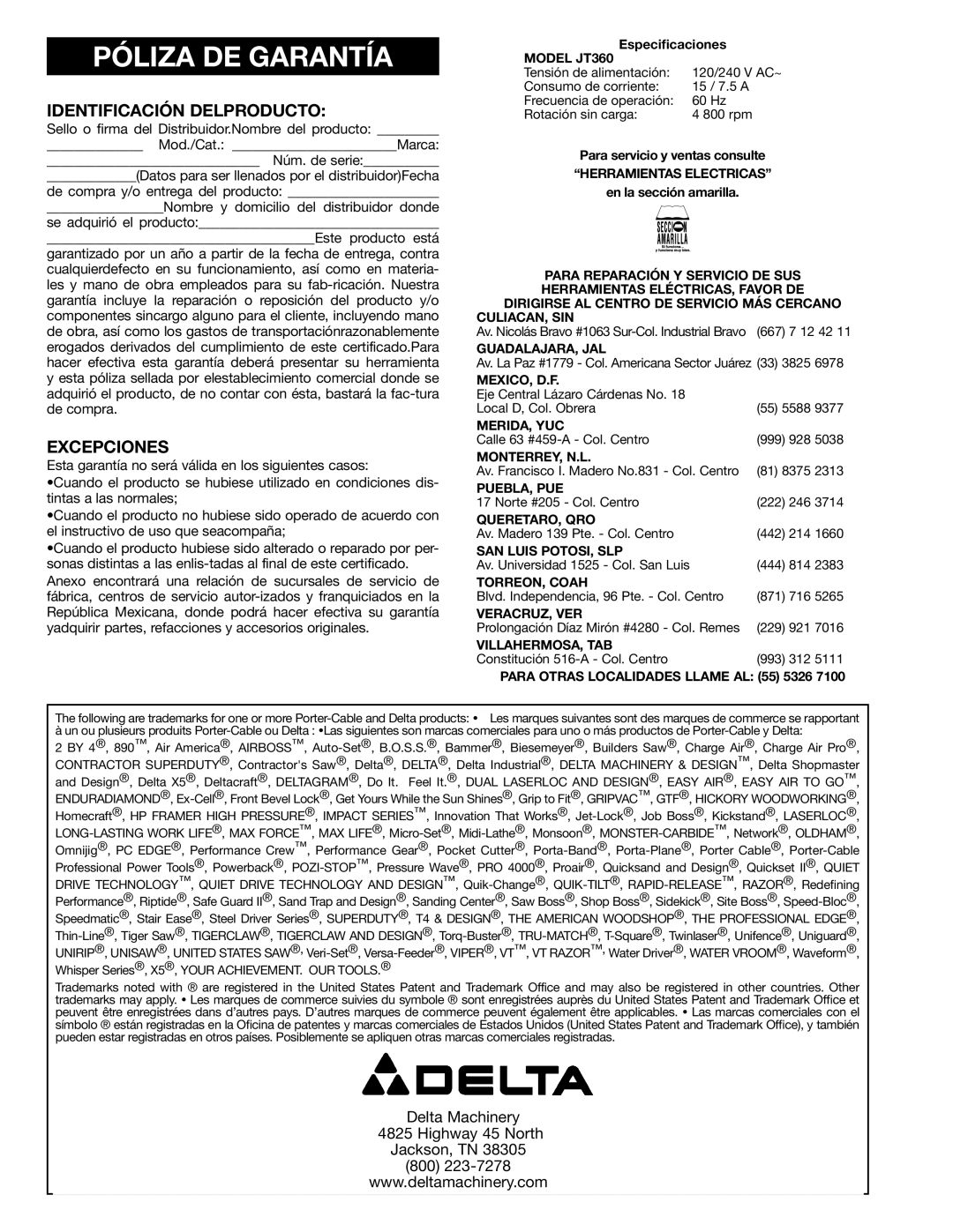 DeWalt JT360 instruction manual Póliza DE Garantía, Identificación Delproducto 