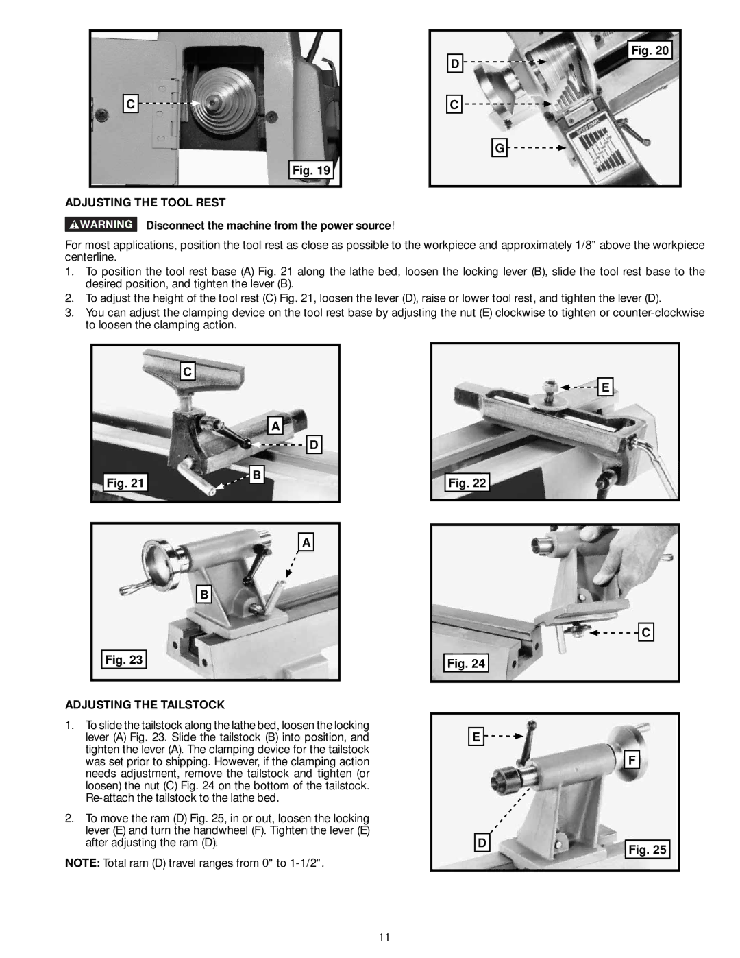 DeWalt LA200 instruction manual Adjusting the Tool Rest, Adjusting the Tailstock 