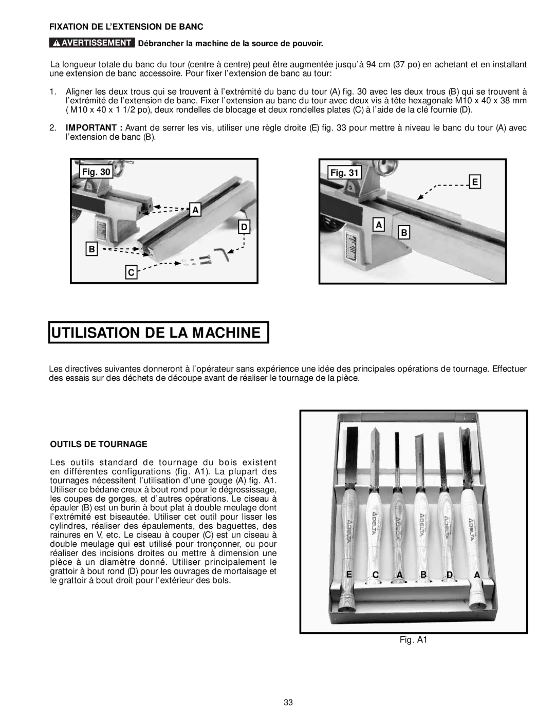 DeWalt LA200 instruction manual Fixation DE L’EXTENSION DE Banc, Outils DE Tournage 