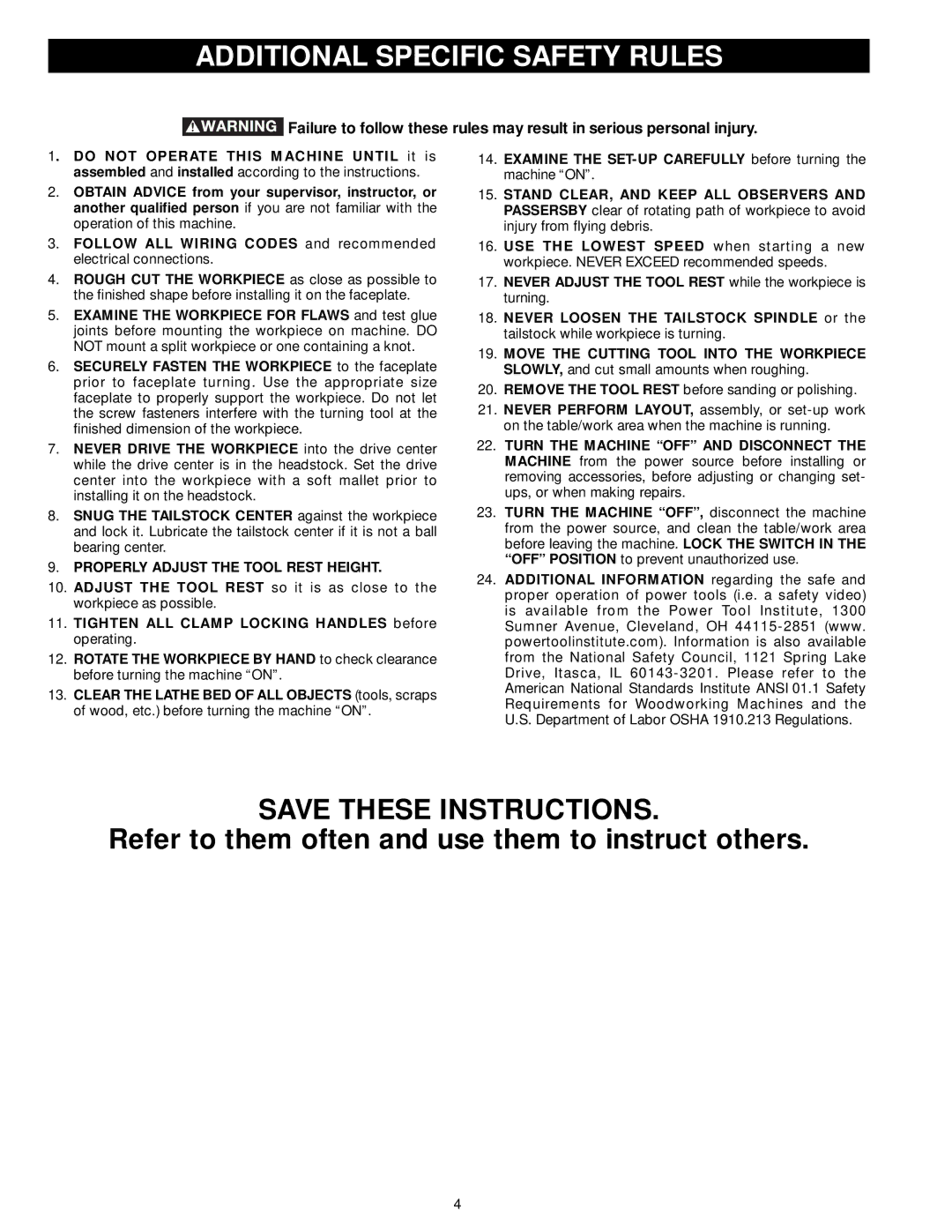 DeWalt LA200 instruction manual Additional Specific Safety Rules, Properly Adjust the Tool Rest Height 