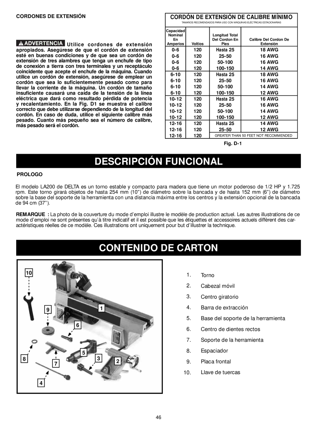 DeWalt LA200 instruction manual Descripción Funcional, Contenido DE Carton, Cordones DE Extensión, Prologo 