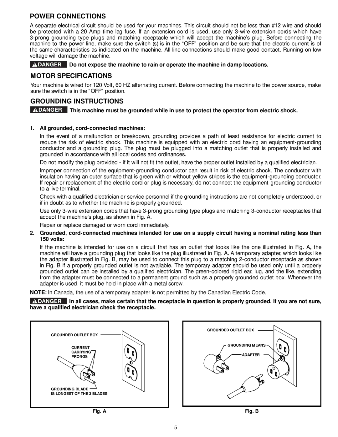 DeWalt LA200 instruction manual Power Connections, Motor Specifications, Grounding Instructions 