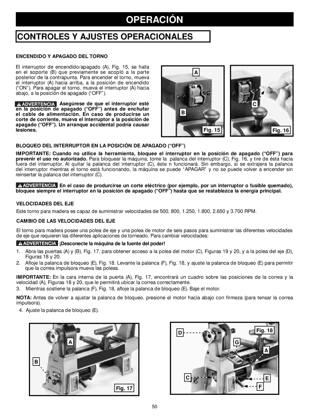 DeWalt LA200 Operación, Encendido Y Apagado DEL Torno, Bloqueo DEL Interruptor EN LA Posición DE Apagado OFF 