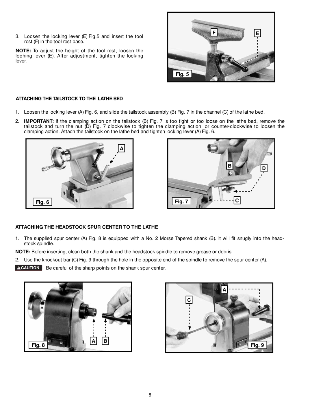 DeWalt LA200 instruction manual Attaching the Tailstock to the Lathe BED, Attaching the Headstock Spur Center to the Lathe 