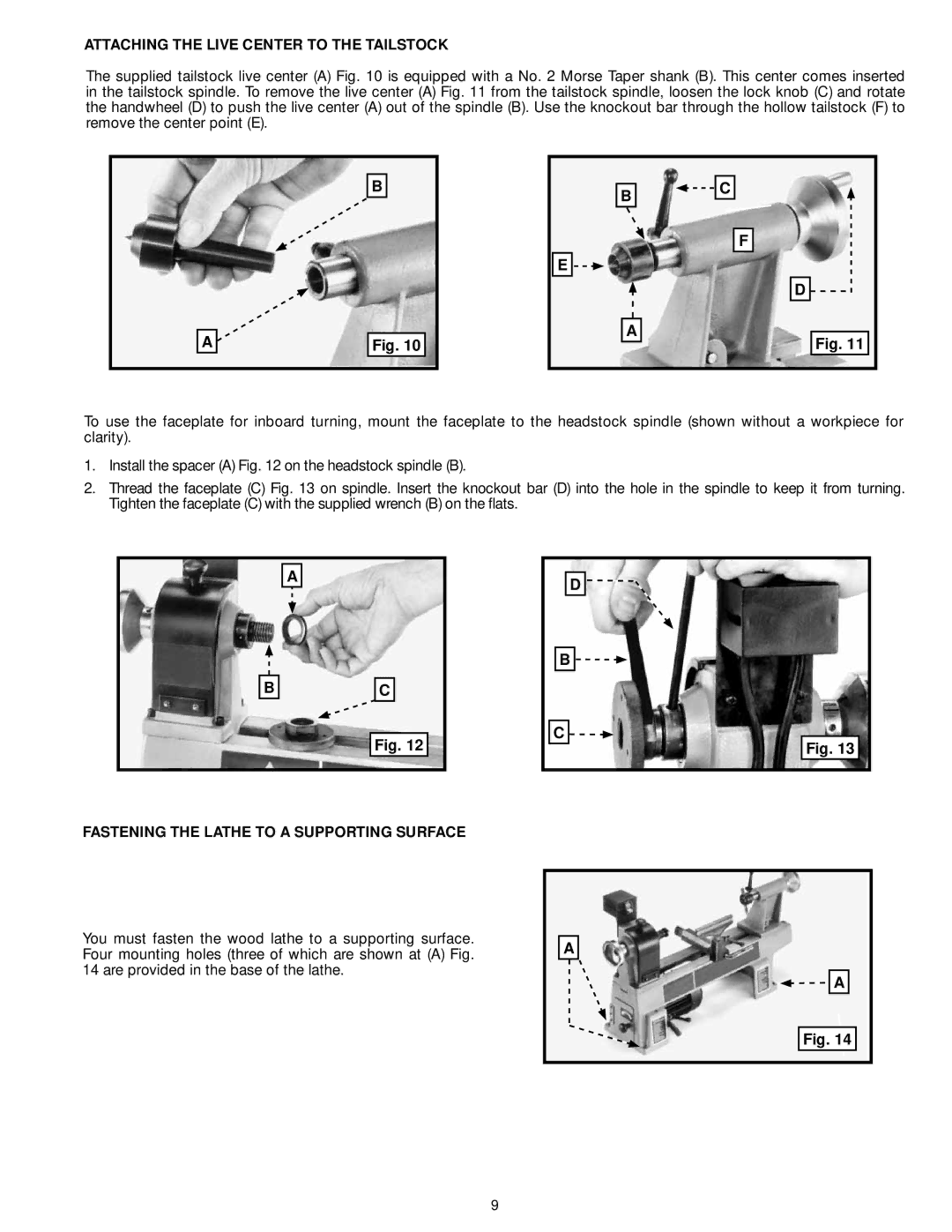 DeWalt LA200 instruction manual Attaching the Live Center to the Tailstock, Fastening the Lathe to a Supporting Surface 