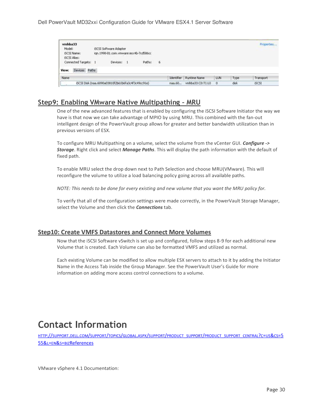 DeWalt MD3220I manual Contact Information, Enabling VMware Native Multipathing MRU 