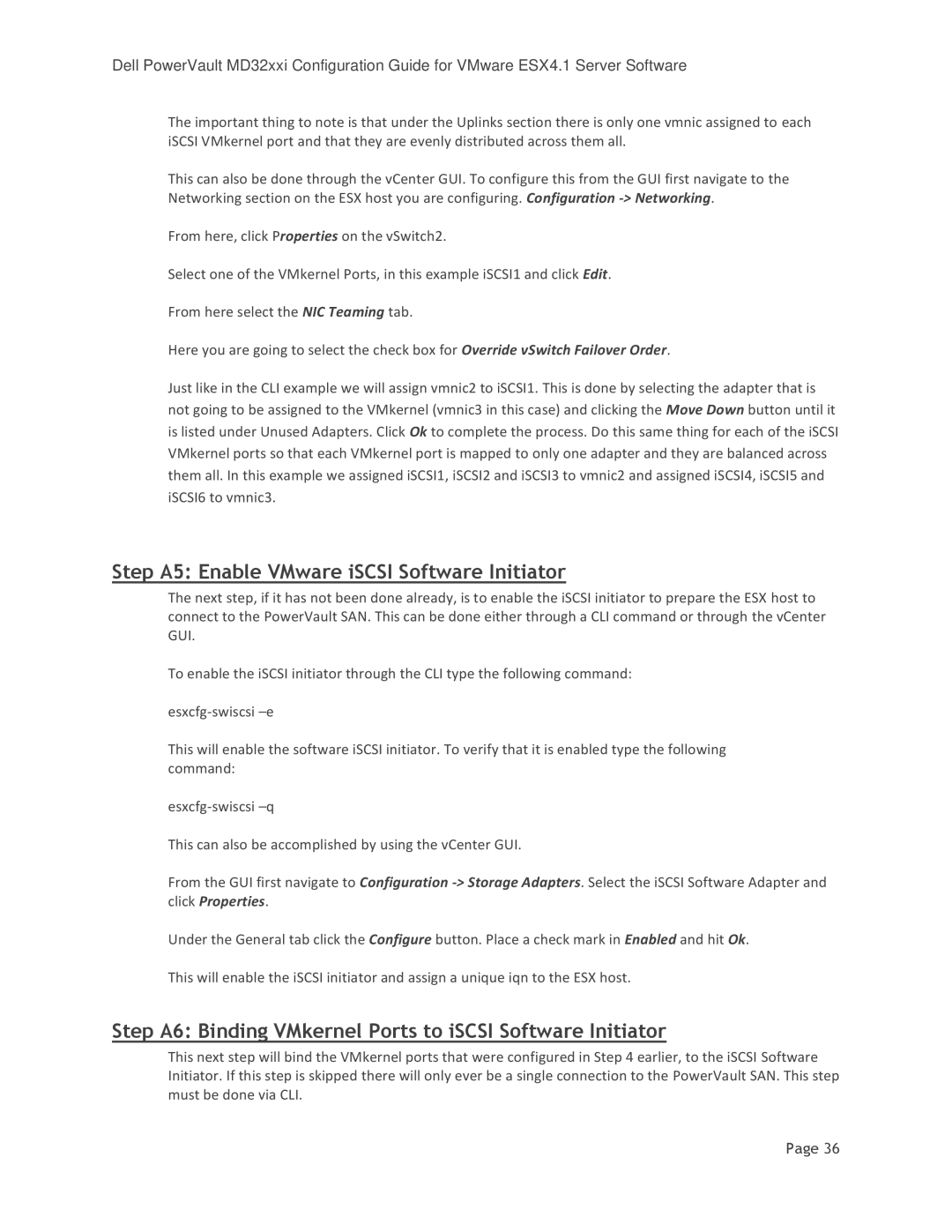 DeWalt MD3220I Step A5 Enable VMware iSCSI Software Initiator, Step A6 Binding VMkernel Ports to iSCSI Software Initiator 