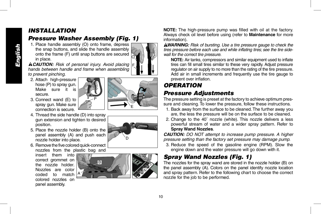 DeWalt N0003431 Installation, Pressure Washer Assembly Fig, Operation, Pressure Adjustments, Spray Wand Nozzles Fig 